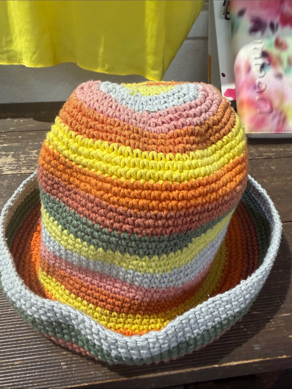 Crocheted Kids Bucket Hat in Yellow, Orange, Pink & Gray